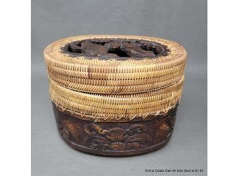 Indonesian Grass And Carved Wood Lidded Box