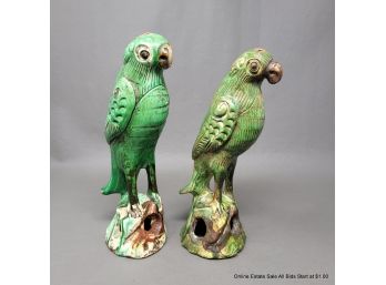 Two Antique Chinese Ceramic Parrots