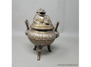 Japanese Bronze Ding Censer With Foo Dog Finial Meiji Period