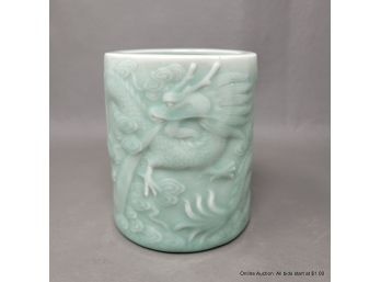 Old Chinese Celadon Dragon Brush Pot Bitong
