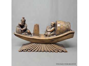 Old Chinese Wood Carving Of Two Figures In A Boat