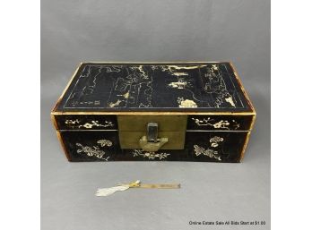 Antique Chinese Bone Inlaid Box With Fish Lock & Key