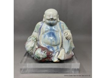 Qing Dynasty Laughing Buddha Hotei Jun Yao Glaze Shiwan On Acrylic Base