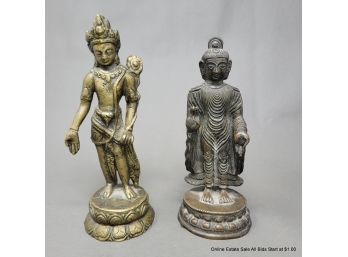 Antique Tibetan Bronze Figure Of Padmapani Avalokiteshvara & Old Chinese Bronze Standing Buddha