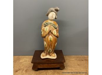 Chinese Ceramic Glazed Woman Holding Animal On Pedestal  (Local Pick Up Or UPS Store Ship Only)