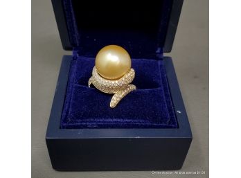 18K Yellow Gold Diamond And Pearl Snake Ring Size 5.5
