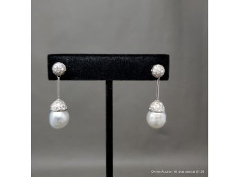 14K White Gold, Cultured Saltwater Pearl And Diamond Earrings