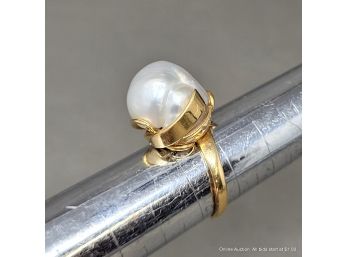 18K Yellow Gold And Cultured Pearl Ring Size 5