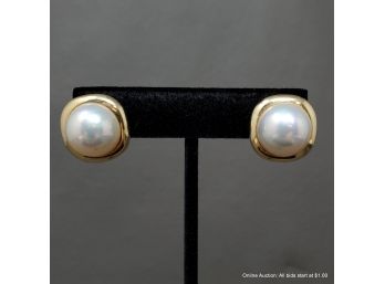 One Pair Of 14 K Yellow Gold And Mabe Pearl Earrings