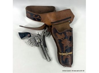 Black Handled Texan Toy Cap Gun With Tooled Leather Holster