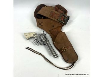 White Handled Texan Toy Cap Gun With Tan Leather Holster