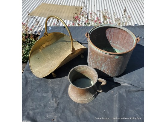 Two Copper Pots And A Wood Holder