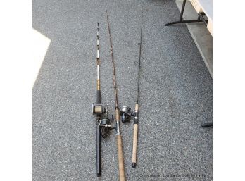 Three Fishing Rods & Reels: Shimano Baitrunner 3500/lamiglas, Garcia Mitchell 302 Saltwater Of Fiberglas Pole