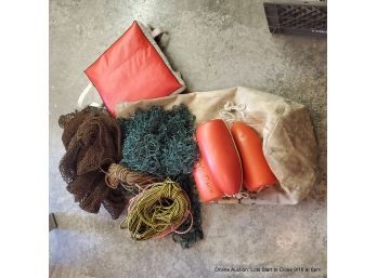Assorted Fishing Buoys, Nets, Float Cushion, Line, Canvas Duffle Bag