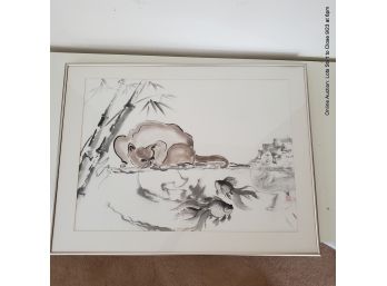 Framed Sumi Ink On Paper By Pat Bruzas 'the Purrfect Pond-er-er'
