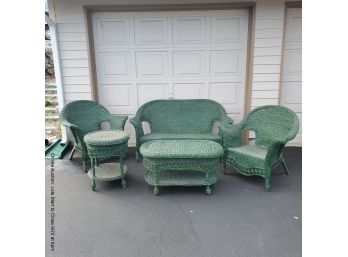 Five-piece Painted Wicker Garden Set: Settee, Two Armchairs, Side Table, Coffee Table