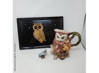 Owl Pitcher, Tray And Figurine