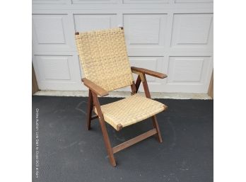 Campaign-style Folding Armchair With Woven Rattan-style Seat
