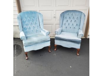 Pair Of Upholstered Wingback Armchairs With Mahogany Legs