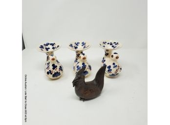 Chicken Themed Items: 3 Candleholders From Ecuador And A Bronze Cockerel