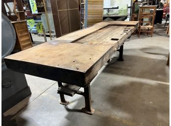 Large Antique Work Bench With Cast Iron Legs
