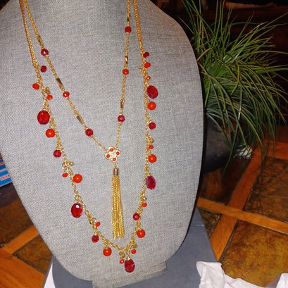 Gold Tone, Red Beaded Necklace