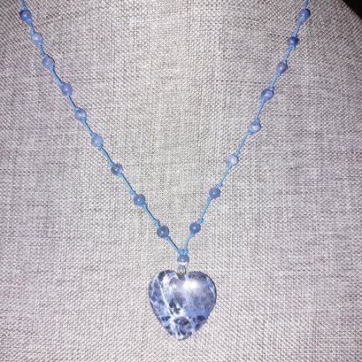 Blue & White Beaded Stone Heart Necklace