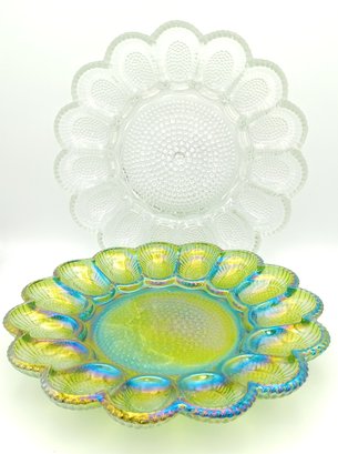 Carnival Glass & Clear Glass Egg Platters X2