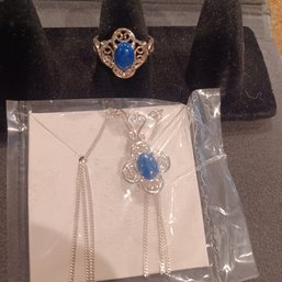Sterling Silver Blue Necklace And Ring Set