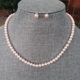 Faux Pink Pearl Necklace & Earring Set