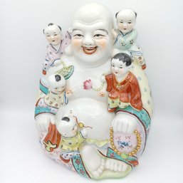Vintage Porcelain Laughing Buddha  With 5 Kids