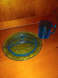 Blue Glass Children's Plate & Humpty Dumpty Cup