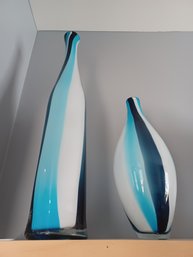 Tapered Blue Swirl Art Glass Decorative Vases X2