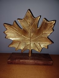 Goldtone Leaf Decor On Wood Stand