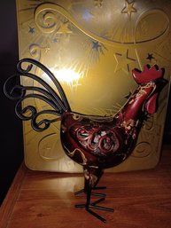Metal Painted Rooster & Gold Tone Metal Tin