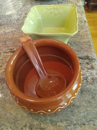 Brown Soup Bowl With Spoon & Green Dish