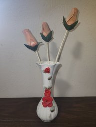 Vase With Red Roses On It & 3 Wooden Roses