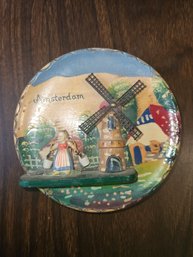 Amsterdam Dutch 3D Folk Art Plate With Windmill And Girl