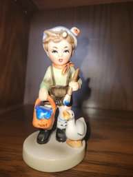 Porcelain Boy With Duck,Paint Brush & Bucket Figurine