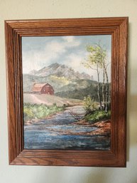 Framed Barn And River Oil Painting