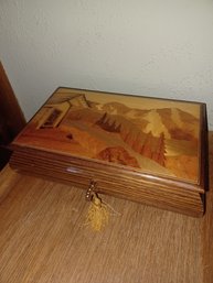 Wooden Inlayed Music Jewelry Box With Key