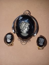 Black Glass Cameo Brooch And Clip On Earring Set