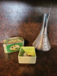 Edged Vase, Candy Tin, And Vintage Pottery Dish