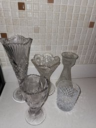 5 Assorted Glass, Candle Holder, Jars, Vases