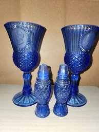 Set-2 Vintage FOSTORIA Avon George & Martha Washington Cobalt Blue Glass Goblets With Salt And Pepper Shakers
