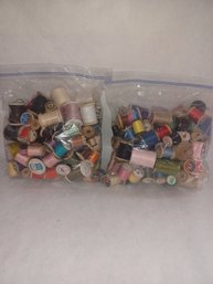 Mixed Wooden Thread Spools With Thread X2 Large Zip Lock Bags