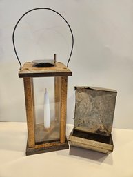 Vintage Candle Lantern And Antique Bird Feeder