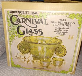 Iridescent Lime Carnival Glass 26pc Punch Set