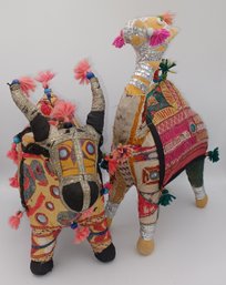 FOLK ART ELEPHANT,vintage Rajasthan India,fiber Art,handmade,pachyderm,embroidery,mirrors,beads,metallic Cord,