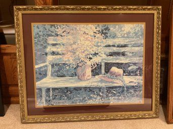 Framed Painting Flower Vase And Hat On Bench